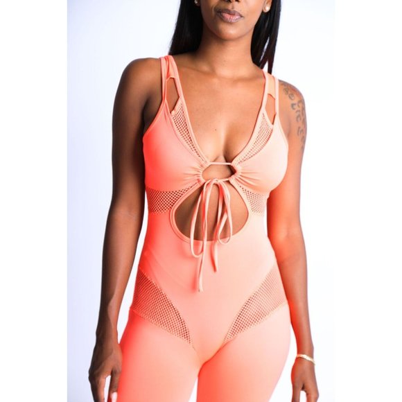 Women's Sexy Sleeveless Tied Front Fishnet Detailed Shorts Romper Jumpsuit Coral - Picture 2 of 12